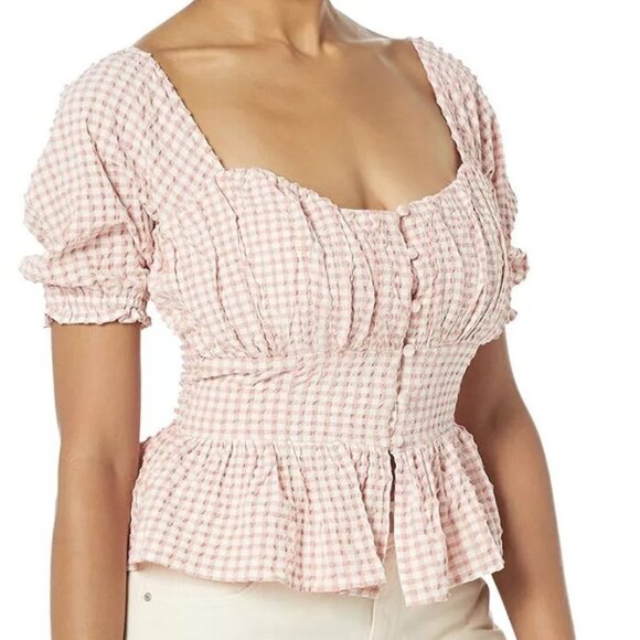Guess Meri pink White Checkered SEERSUCKER Gingham Blouse M NWT - Picture 1 of 6